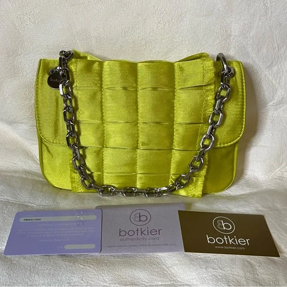 NWT Botkier Chartreuse Sateen Chain Quilt Flap Small Shoulder Bag 9”x 2” x 6”Y2K - Picture 1 of 16